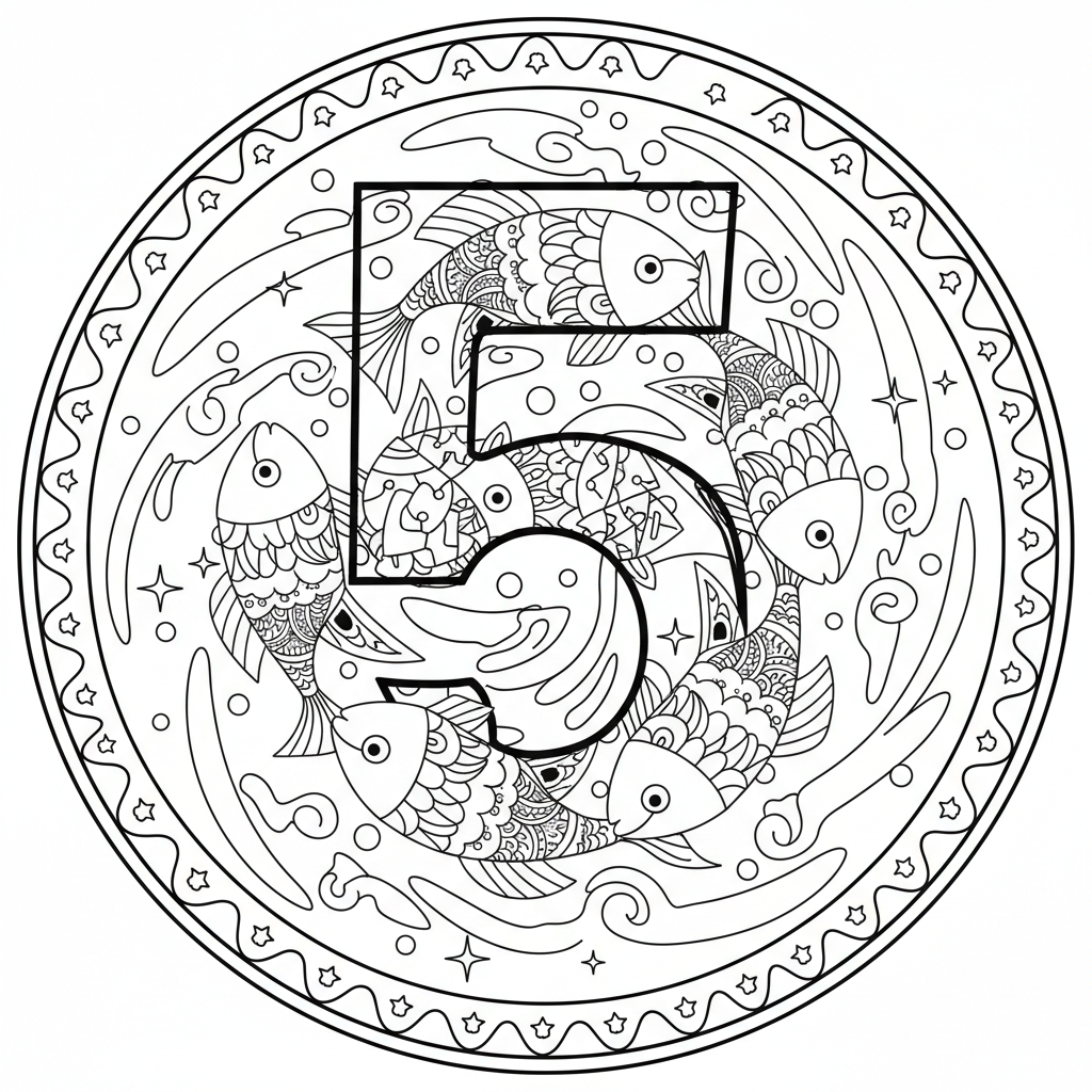 Mandala-style-number-5-five-fish-in-space Coloring Page (Free Printable ...